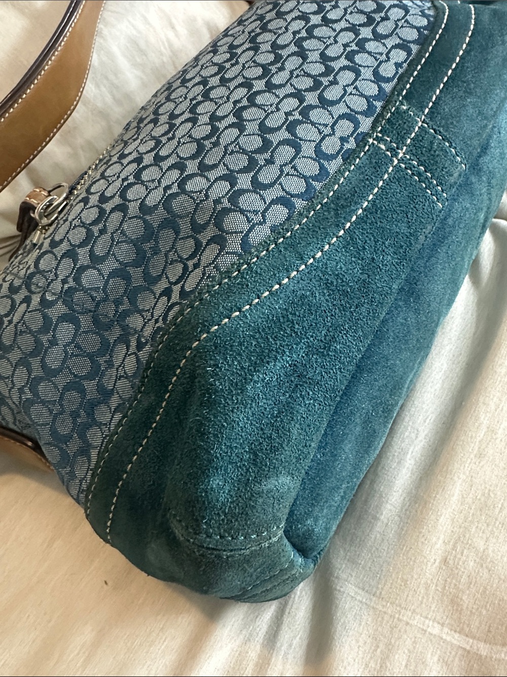 Coach Teal Signature Canvas Shoulder Bag with Dark Teal Suede Trim - Picture 6 of 9
